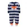 "Barboteuse bébé renard, chaude et confortable" (Onesie baby fox, warm and comfortable)or"Barboteuse et pyjama bébé, renard et motif rayé" (Baby onesie and footed pajama, fox and striped pattern)or"Barboteuse bébé de qualité, design renard et rayures" (High-quality baby onesie, fox and striped design)