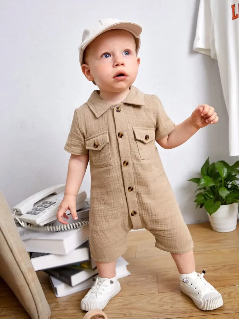 "Romper enfant beige de qualité avec baskets blanches"(A high-quality beige romper for a child with white sneakers)